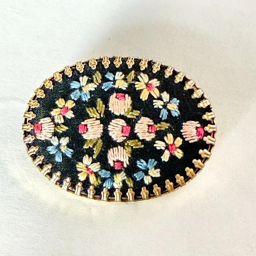 Mid Century Petit Point Flowers West Germany Brooch pin 1.5